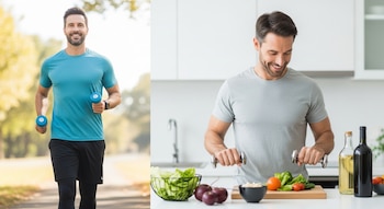 Hombre en dos escenas: corriendo con mancuernas azules al aire libre y cortando vegetales con mancuernas plateadas en una cocina.