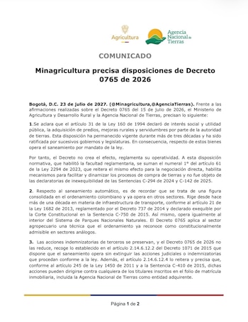 Esta fue la explicación del Ministerio de Agricultura sobre el decreto 0765 de 2026 - crédito ANT