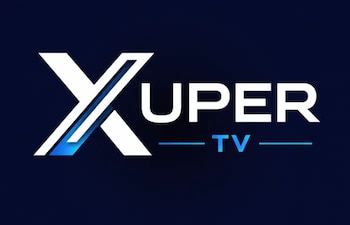 Logo de Xuper TV en blanco y azul sobre un fondo azul oscuro. La letra X contiene un detalle en azul claro y la palabra TV es de color azul