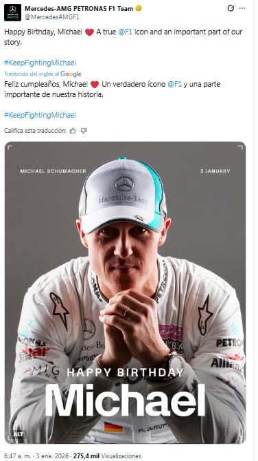 El posteo de Mercedes en homenaje a Schumacher