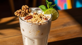 Primer plano de un vaso de agua fresca de coco con nuez, cubierto con hielo, nueces enteras, nuez picada, pecanas, menta y una rodaja de lima.