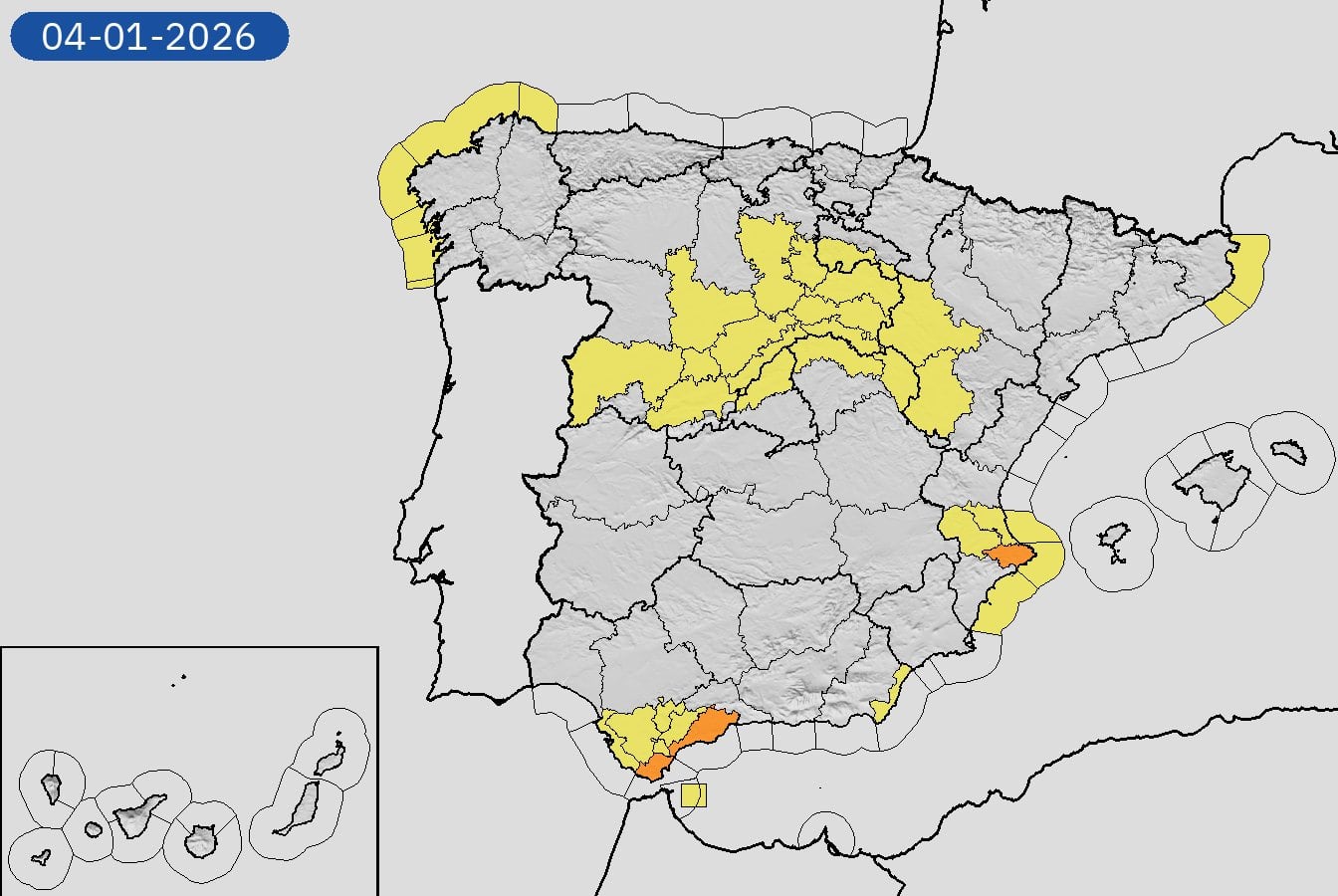 Mapa de alertas meteorológicas para este domingo, 4 de enero de 2026. (Aemet)