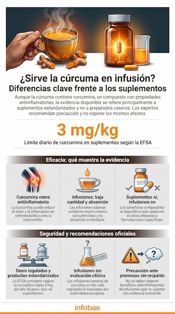 Infografía que muestra una taza de infusión de cúrcuma con raíces, un frasco de suplementos, y gráficos que detallan la eficacia y seguridad de ambos productos.