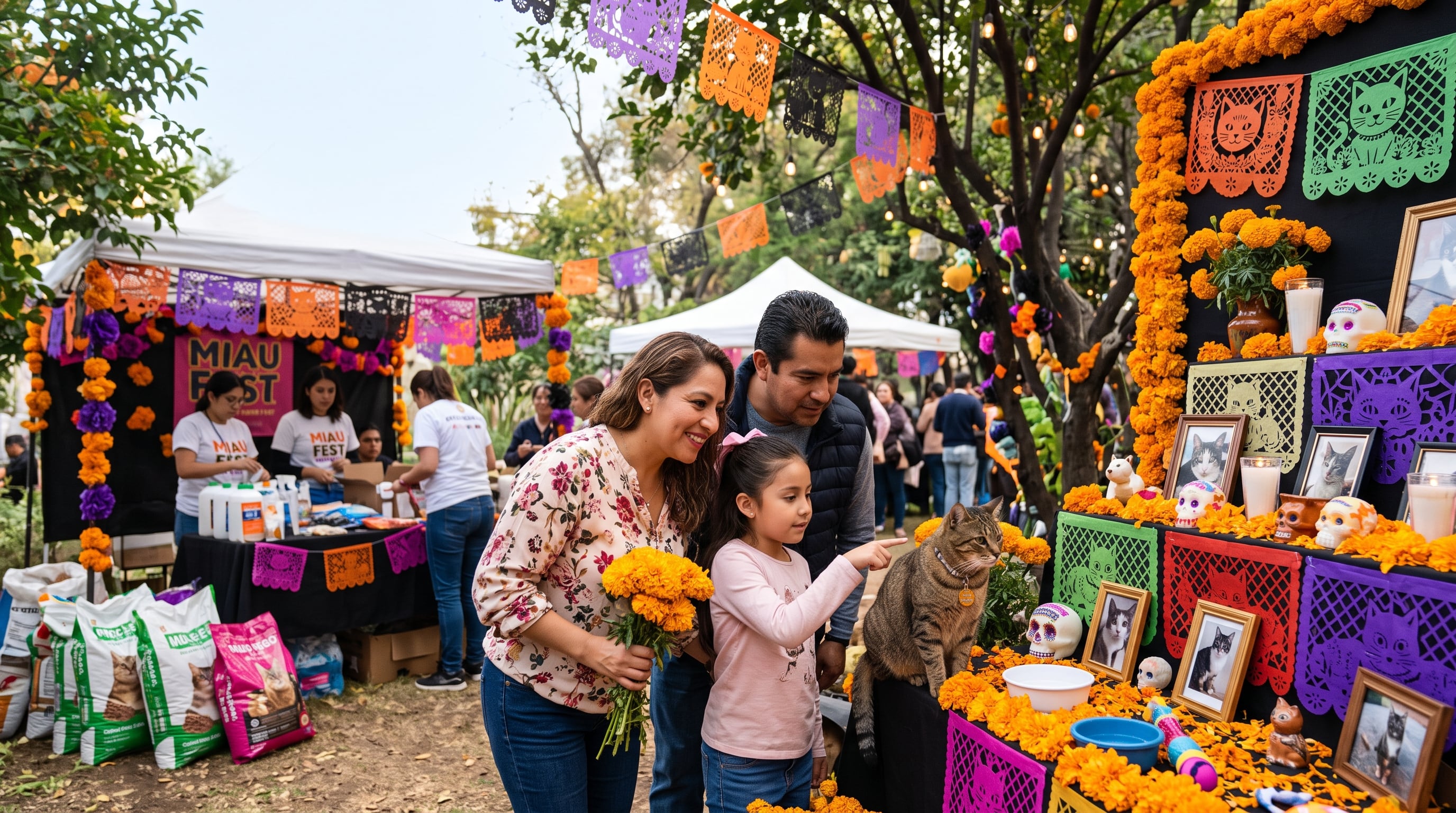 Una familia contempla una ofrenda de Día de Muertos dedicada a los gatos en el festival Miau Fest Michictlán en la Ciudad de México. (Imagen Ilustrativa Infobae)