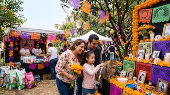 Una familia observa a un gato junto a un altar decorado con fotos de felinos, flores amarillas y carpas de donación al fondo.
