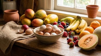 Mesón de madera con un cuenco de huevos y frutas frescas variadas: mangos, plátanos, fresas, arándanos, naranjas, y melón abierto, junto a una ventana.