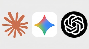 Una imagen muestra los logos de Claude (marrón claro), Gemini (estrella multicolor) y ChatGPT (bucle blanco y negro) sobre un fondo gris claro.