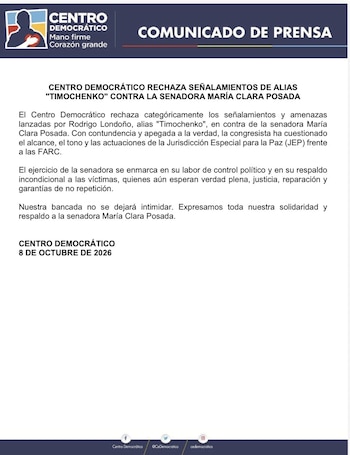 Centro Democrático rechazó acusación en contra de una de sus senadoras por parte de ‘Timochenko’ - crédito @CeDemocratico/X