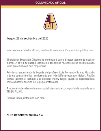 El comunicado oficial del Deportes Tolima sobre la salida de Sebastián Oliveros y la llegada de Luis Fernando Suárez - crédito Deportes Tolima