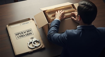 Un hombre de traje, visto de espaldas, revisa una caja de cartón llena de carpetas con expedientes. En la mesa, una carpeta con "Operación Corsario" y unas esposas de metal.