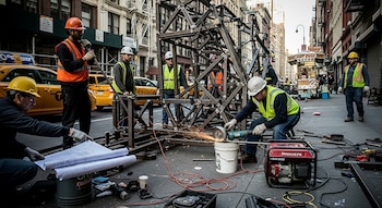 Trabajadores e ingenieros con cascos y chalecos ensamblan una estructura metálica en una acera de Nueva York, con chispas de soldadura, herramientas y cables visibles.