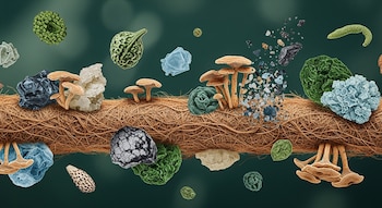 Collage ecológico conceptual: fibra de coco magnificada con hongos y formas orgánicas, además de fragmentos abstractos de contaminación desintegrándose en un fondo verde.