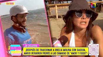 Imagen dividida mostrando a Mario Irivarren con casco en el agua y a Ximena Hoyos con sombrero y gafas de sol en la arena, con un micrófono