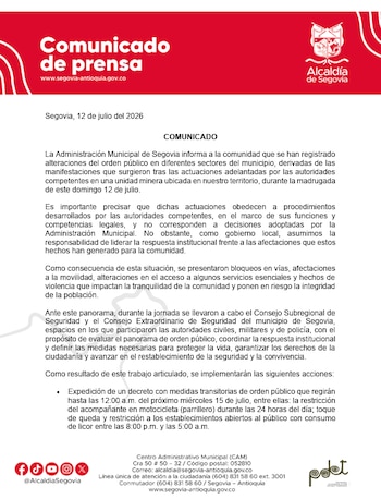 La Alcaldía de Segovia atribuyó los incidentes a acciones de las autoridades contra la minería ilegal en Antioquia - crédito Alcaldía de Segovia