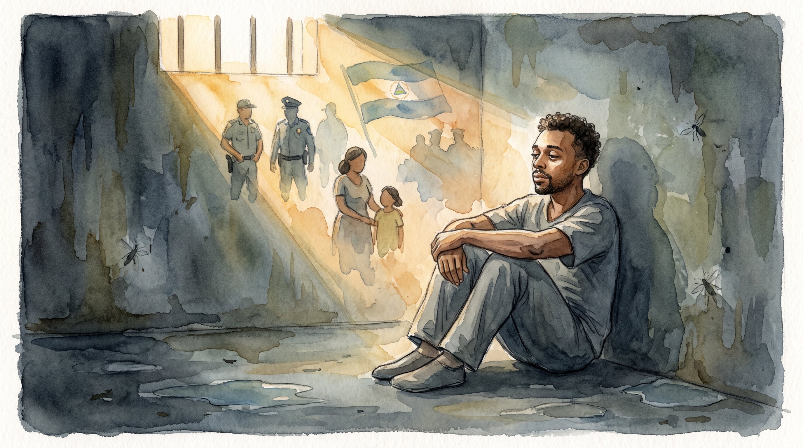 Jason Puracal permanece sentado en una celda mientras un haz de luz proyecta sombras de su familia, la policía y la bandera de Nicaragua. (Imagen Ilustrativa Infobae)