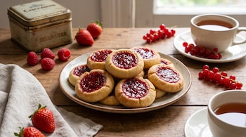 Plato de galletitas pepas con mermelada de frutos rojos, fresas, frambuesas, grosellas rojas, tazas de té, servilleta y una lata antigua sobre una mesa de madera.