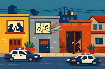 Ilustración de calle con casas, siluetas de personas discutiendo en una ventana, notas musicales saliendo de otra y una figura encogida tras una puerta, con dos patrullas.