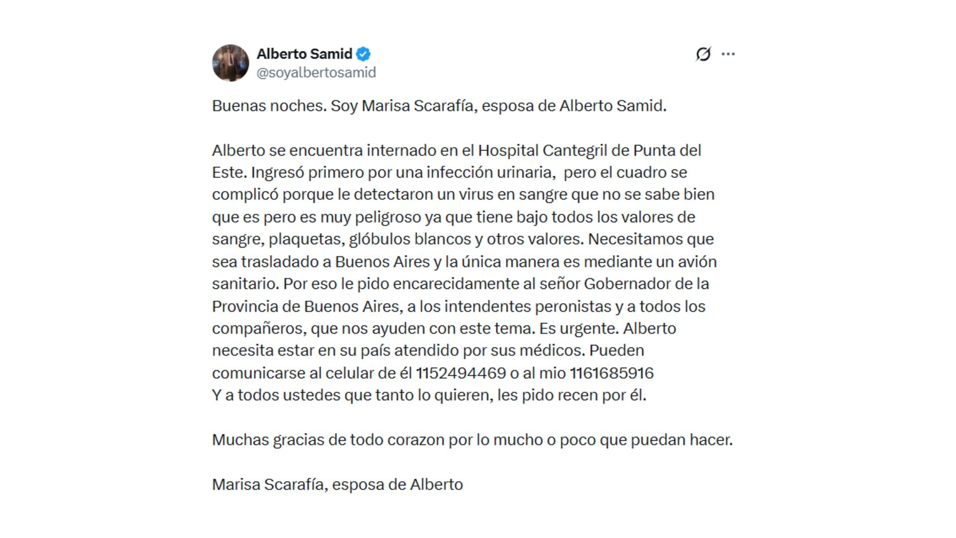 El mensaje de la esposa de Alberto Samid en X
