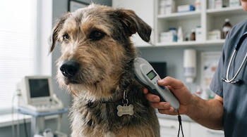 Un veterinario escanea el cuello de un perro mestizo de pelaje marrón y negro. El perro lleva un collar con una placa de identificación con el nombre MAX.