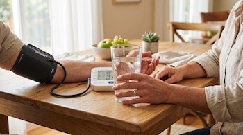Brazo con un tensiómetro digital en una mesa de madera junto a unas manos que sostienen un vaso con agua y un frutero al fondo.