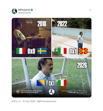 Meme de cuatro paneles con imágenes de Pablo Escobar. Arriba: 2018 (Italia 0-0 Suecia), 2022 (Italia 0-1 Macedonia del Norte). Abajo: 2026 (Bosnia 1-1 Italia)