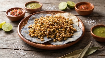 Plato de escamoles dorados sobre tortillas de maíz azul y blanco, con dos cuencos de salsa (roja y verde) y rodajas de limón en una mesa de madera.