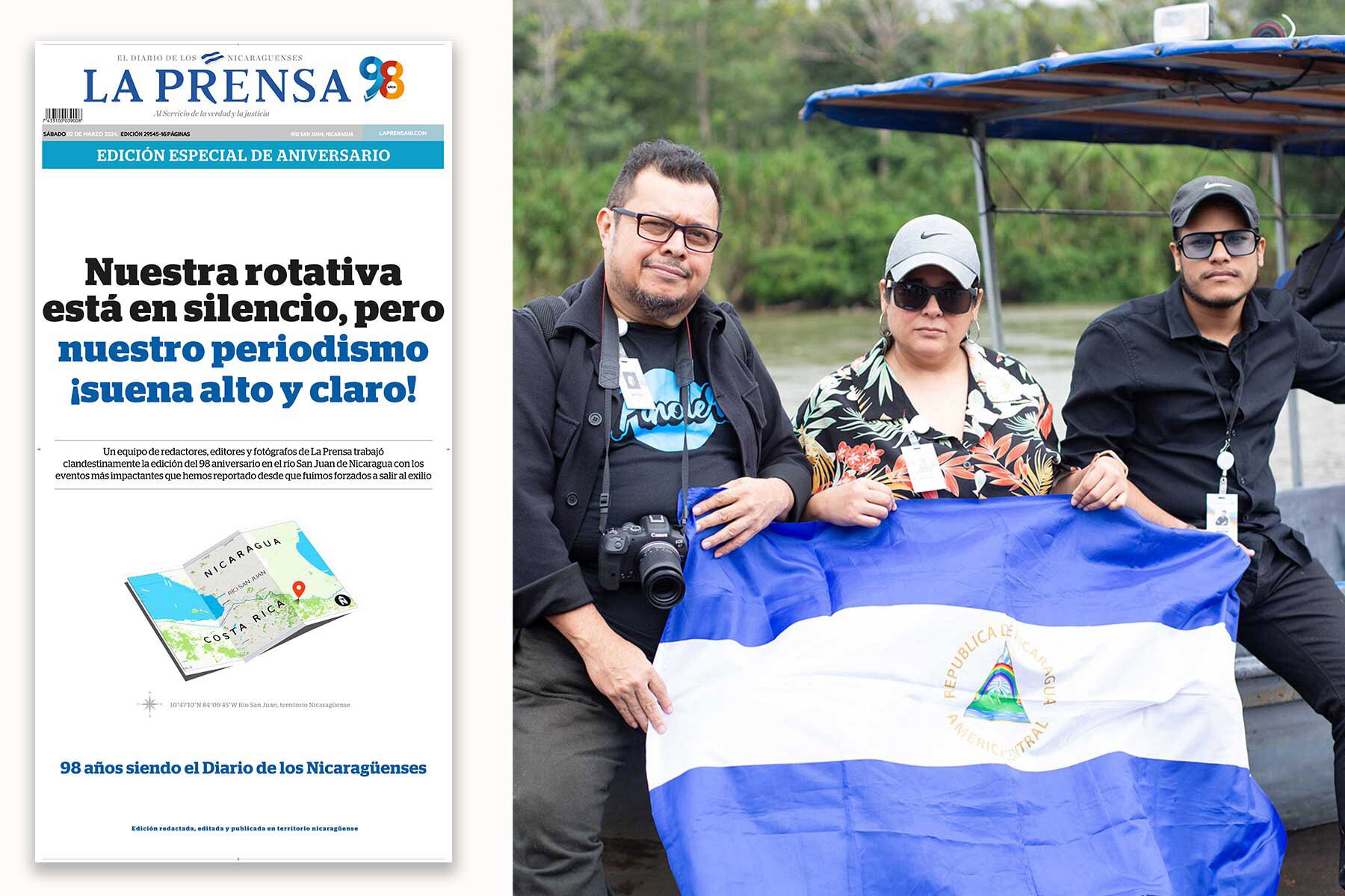 En marzo de marzo de 2024, un equipo de La Prensa ingreso a la frontera sur de Nicaragua para elaborar la edición conmemorativa de los 98 años. A la derecha la portada de esa edición. (Imágenes cortesía de La Prensa)
