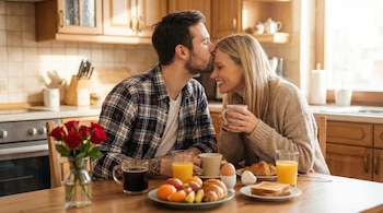 Un hombre besa la frente de una mujer rubia sentada a una mesa de madera con un desayuno que incluye croissants, fruta, huevos, tostadas, café y zumo de naranja.