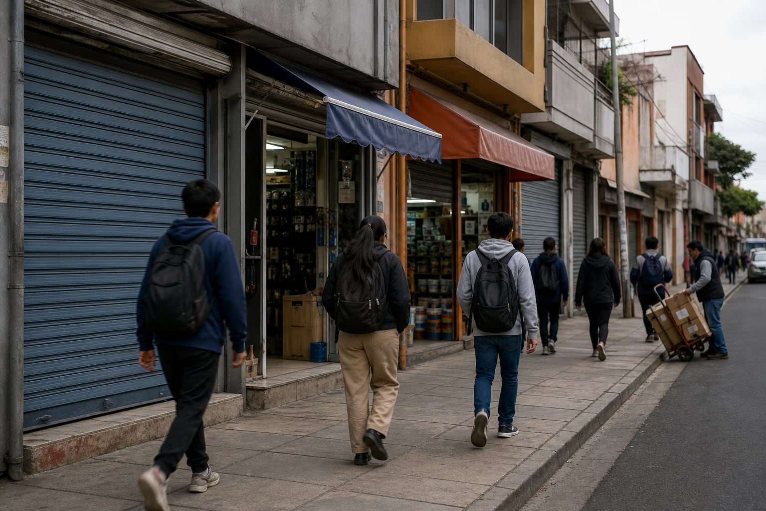 Varios jóvenes caminan por una acera frente a la fachada de pequeños comercios en un área urbana. (Imagen Ilustrativa Infobae)