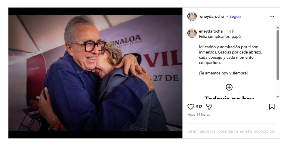 Eneyda Rocha, hija de Rubén Rocha Moya, lo felicita. (Instagram)