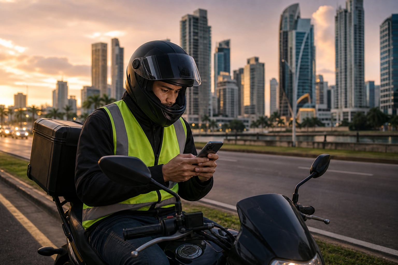 Un repartidor en motocicleta revisa su teléfono móvil al atardecer frente a los rascacielos (Imagen Ilustrativa Infobae)
