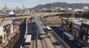 Vista aérea de Los Ángeles mostrando autopistas con trenes, autobuses y autos, edificios comerciales, un puerto con grúas y el letrero de Hollywood en la colina.