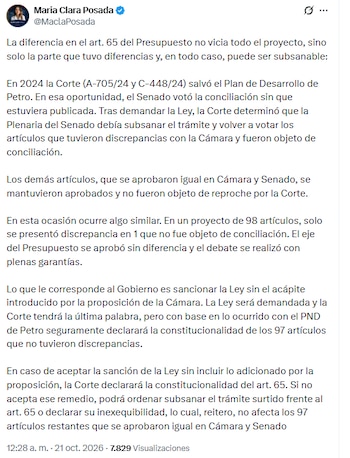 María Clara Posada explicó que el Presupuesto General de la Nación no se caería