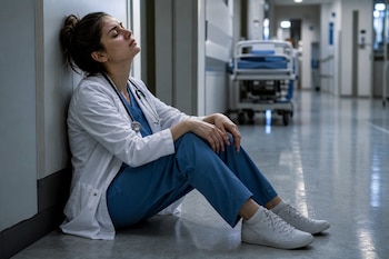 Una médica con bata blanca, estetoscopio y pijama quirúrgico permanece sentada en el suelo del pasillo de un hospital.