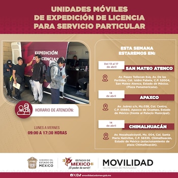 El gobierno del Edomex pondrá a disposición distintas unidades móviles para tramitar la licencia de conducir (@SEMOV_Edomex)