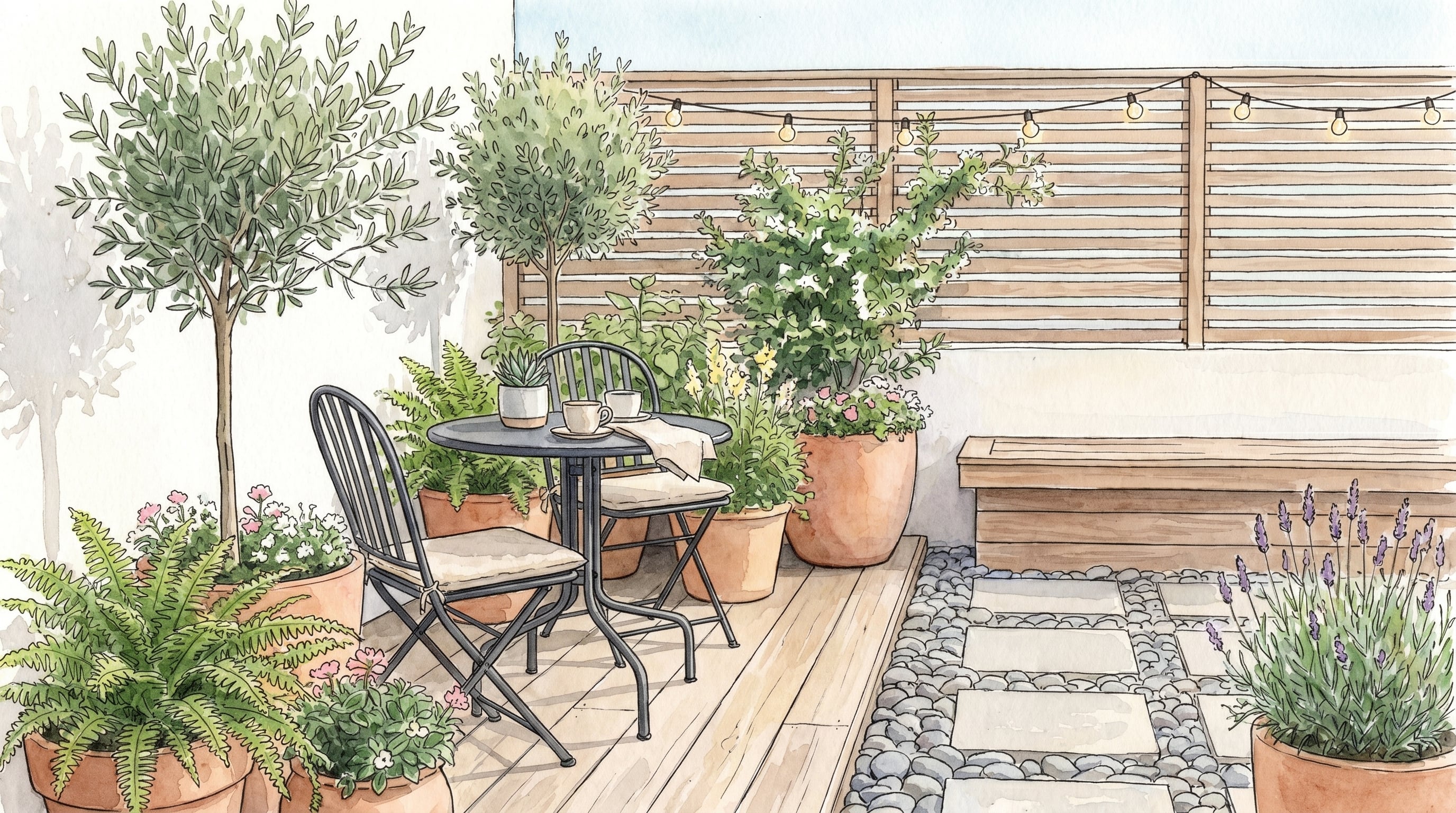 Esta ilustración en acuarela muestra un patio urbano íntimo y bien decorado, con muebles de exterior, abundantes plantas en macetas, iluminación ambiental y un sendero de piedra que invita a la relajación. (Imagen Ilustrativa Infobae)