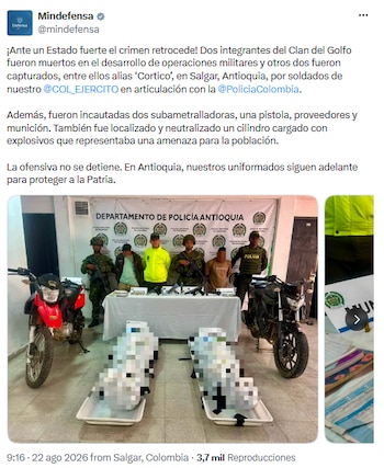 Operativo en Salgar deja dos miembros del Clan del Golfo muertos y dos capturados - crédito @mindefensa/X