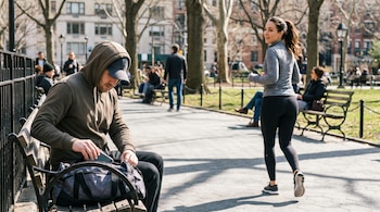 Un hombre sentado en un banco introduce un teléfono en un bolso. Una mujer corre en un parque con árboles y otras personas en segundo plano.