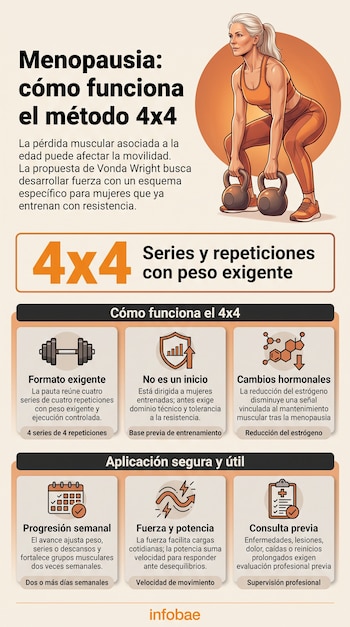 Infografía con texto, seis recuadros explicativos con íconos y una ilustración de una mujer que realiza sentadillas con pesas rusas.