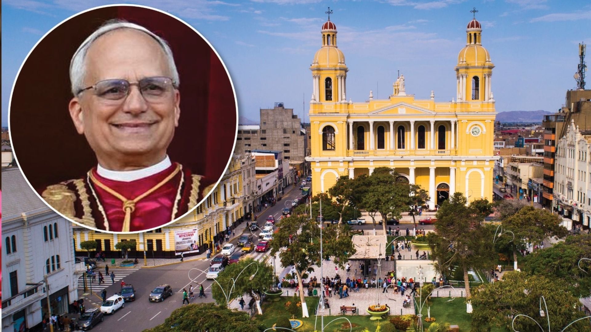 Una imagen compuesta muestra al Papa León XIV superpuesto sobre una vista aérea de la Basílica Catedral Santa María de Chiclayo en Lambayeque, Perú. (Infobae)