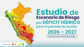 Mapa de Perú coloreado por niveles de riesgo por déficit hídrico junto con la leyenda descriptiva del estudio para el periodo 2026-2027