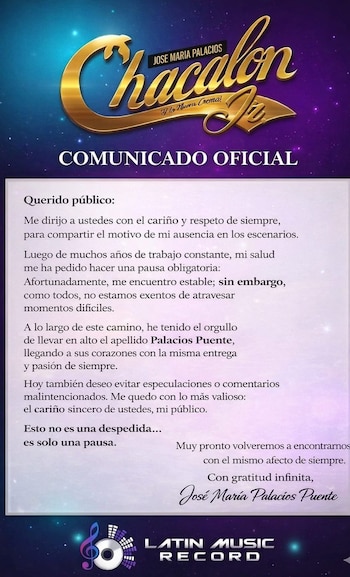 Comunicado oficial de Chacalón Jr. en un fondo púrpura con texto blanco, anunciando una pausa por salud, firmado por José María Palacios Puente