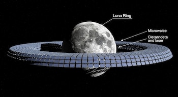 Representación artística de la Luna rodeada por un enorme anillo de paneles solares en el espacio oscuro, con estrellas de fondo.
