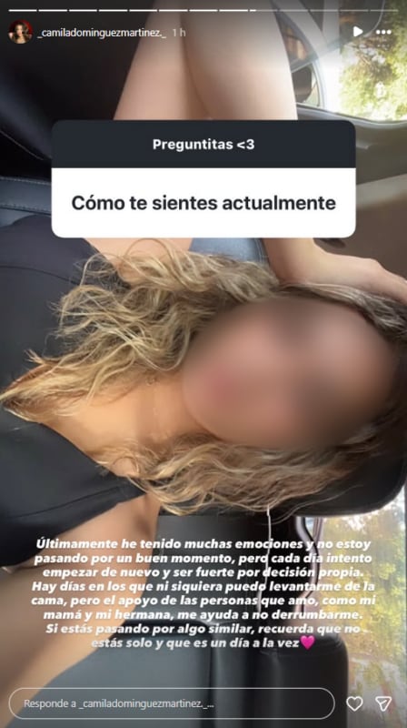 Camila Domínguez confiesa que su estado emocional atraviesa momentos difíciles tras la ruptura con Christian Domínguez. (Instagram Camila Domínguez)