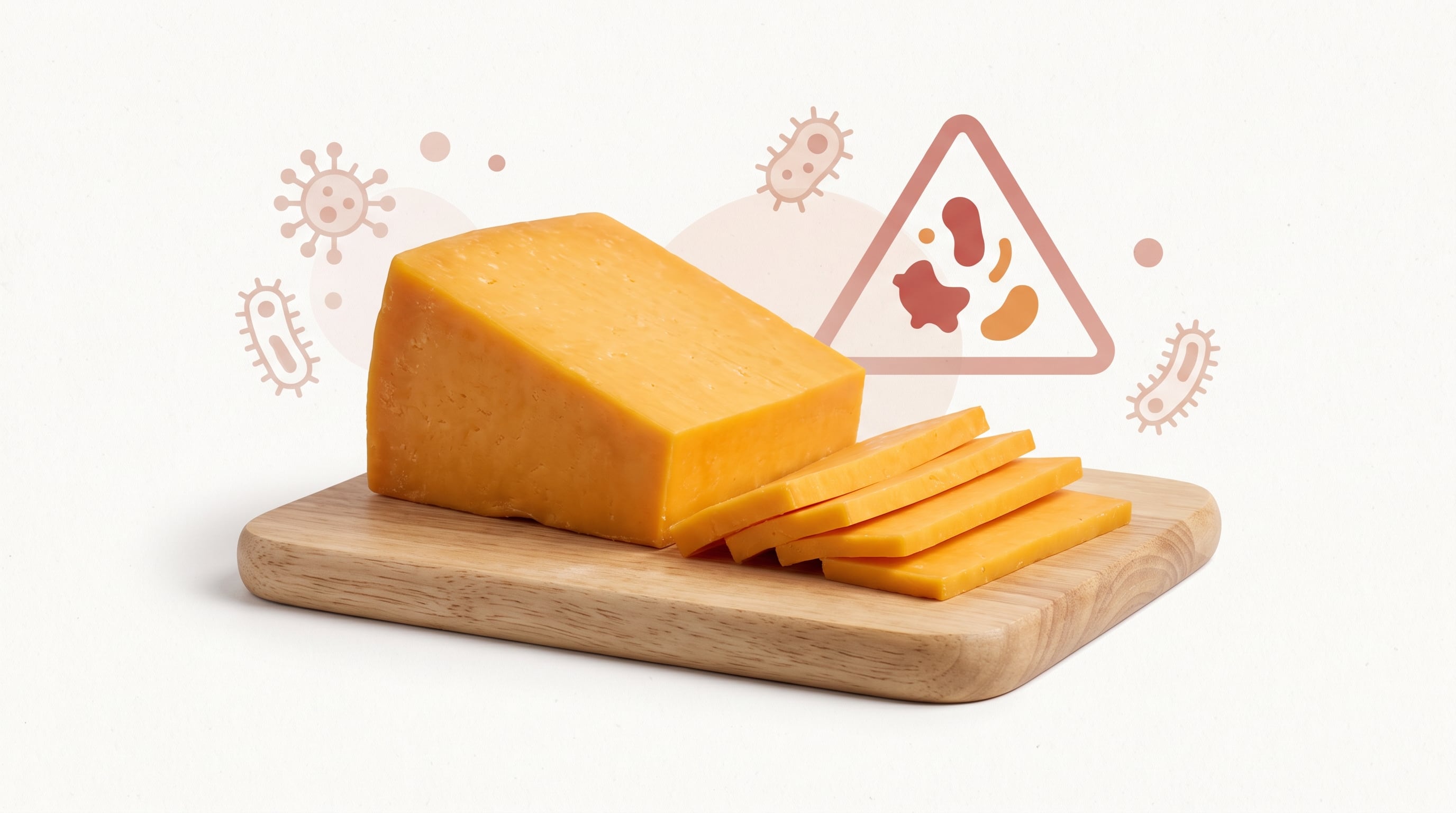 Un trozo de queso cheddar reposa sobre una tabla de madera junto a gráficos de bacterias y una señal de advertencia que ilustran una alerta alimentaria. (Imagen Ilustrativa Infobae)