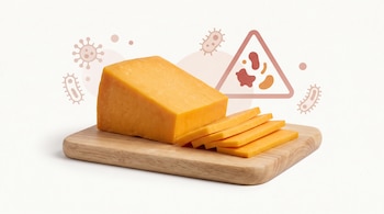 Un bloque y rebanadas de queso amarillo sobre una tabla de madera, con iconos de bacterias y un triángulo de advertencia de fondo.