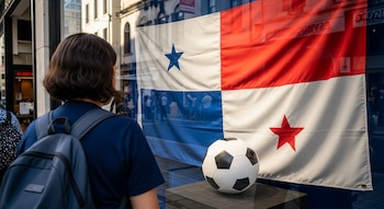 Vista trasera de una persona con mochila observando una vitrina. Dentro de la vitrina se ven una bandera de Panamá y un balón de fútbol blanco y negro sobre un pedestal.