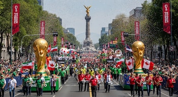 Desfile masivo en Paseo de la Reforma con dos réplicas gigantes del trofeo del Mundial, banderas de México y Canadá, confeti, y el Ángel de la Independencia al fondo.