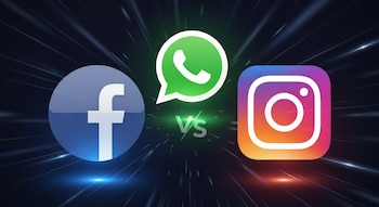 Logos de Facebook, WhatsApp e Instagram sobre un fondo oscuro con líneas de luz que convergen, con un símbolo 'VS' entre ellos.