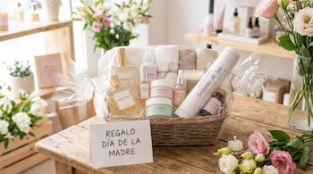 Cesta de regalo envuelta en plástico con perfumes, cosméticos, toallas y certificado de spa sobre mesa de madera. Una tarjeta dice "REGALO DÍA DE LA MADRE", con flores rosas.